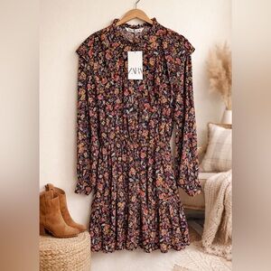 Zara Black Floral Long-Sleeve Tiered Midi Dress with Red and Yellow Accents